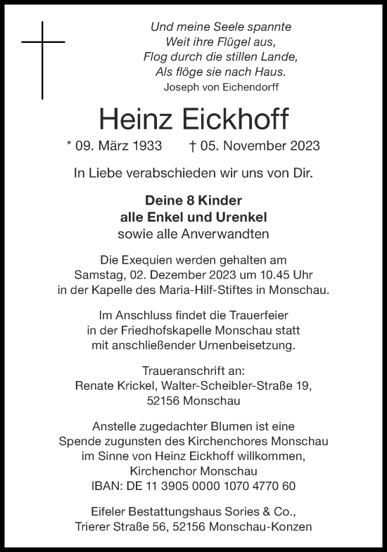 Traueranzeige von Heinz Eickhoff von Aachener Zeitung