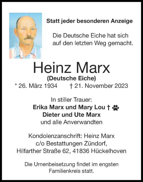 Traueranzeige von Heinz Marx von Zeitung am Sonntag