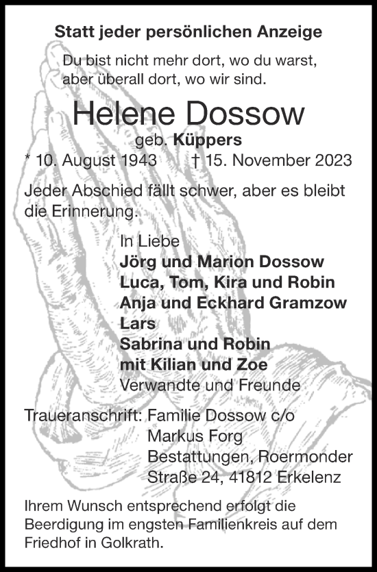 Traueranzeige von Helene Dossow von Zeitung am Sonntag