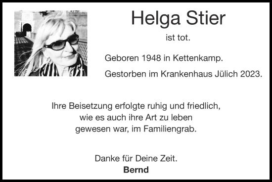 Traueranzeige von Helga Stier von Zeitung am Sonntag