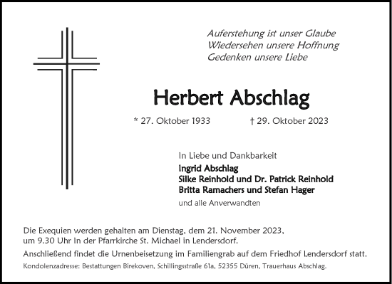 Traueranzeige von Herbert Abschlag von Aachener Zeitung