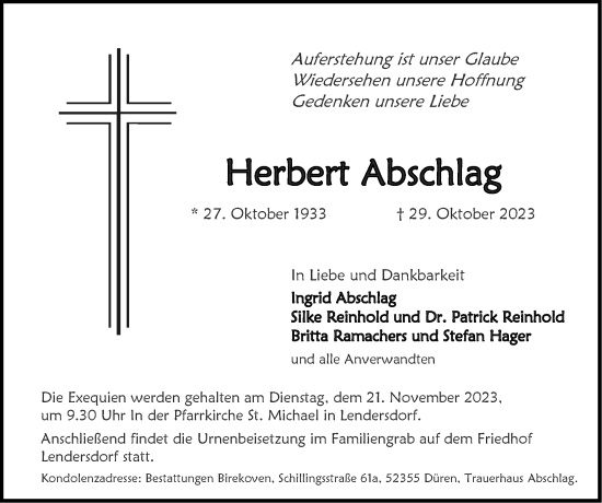 Traueranzeige von Herbert Abschlag von Zeitung am Sonntag