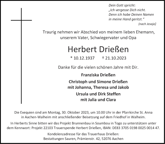 Traueranzeige von Herbert Drießen von Aachener Zeitung