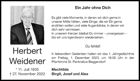 Traueranzeige von Herbert Weidener von Zeitung am Sonntag