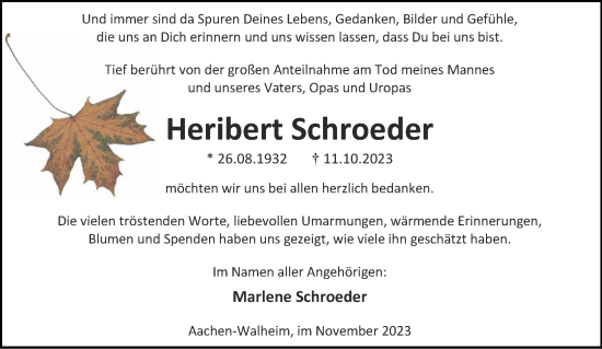 Traueranzeige von Heribert Schroeder von Aachener Zeitung