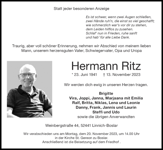 Traueranzeige von Hermann Ritz von Zeitung am Sonntag