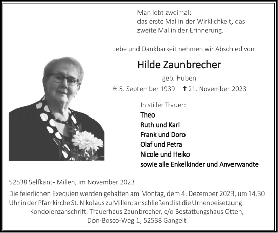 Traueranzeige von Hilde Zaunbrecher von Zeitung am Sonntag