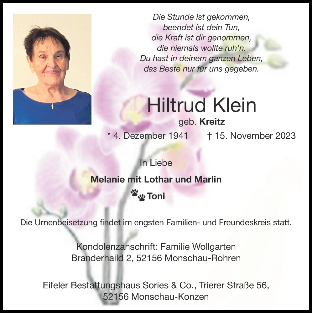  Traueranzeige für Hiltrud Klein vom 26.11.2023 aus Zeitung am Sonntag