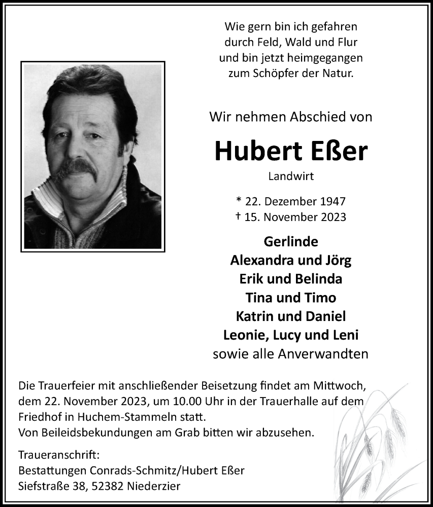  Traueranzeige für Hubert Eßer vom 19.11.2023 aus Zeitung am Sonntag