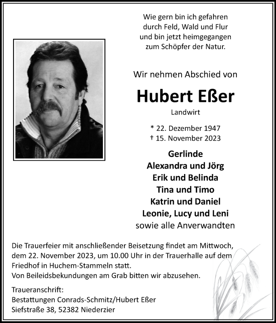 Traueranzeige von Hubert Eßer von Zeitung am Sonntag