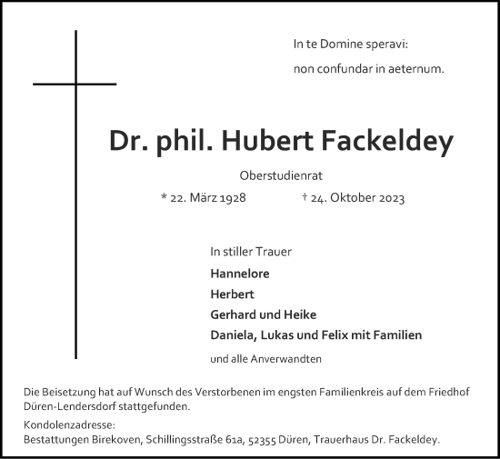 Traueranzeige von Hubert Fackeldey von Zeitung am Sonntag
