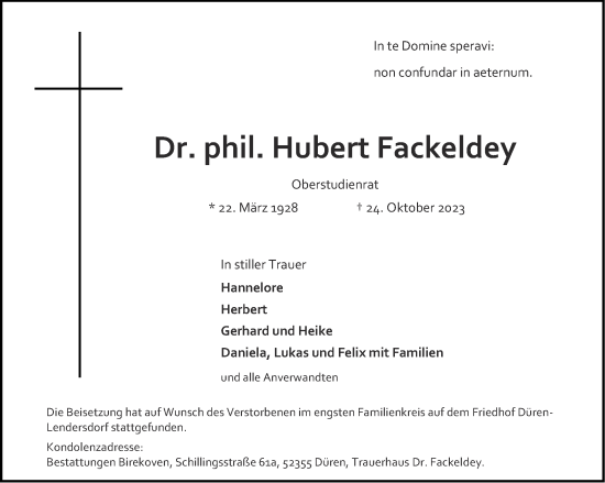 Traueranzeige von Hubert Fackeldey von Aachener Zeitung