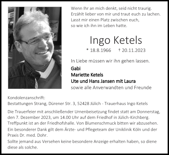 Traueranzeige von Ingo Ketels von Zeitung am Sonntag