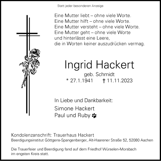 Traueranzeige von Ingrid Hackert von Zeitung am Sonntag