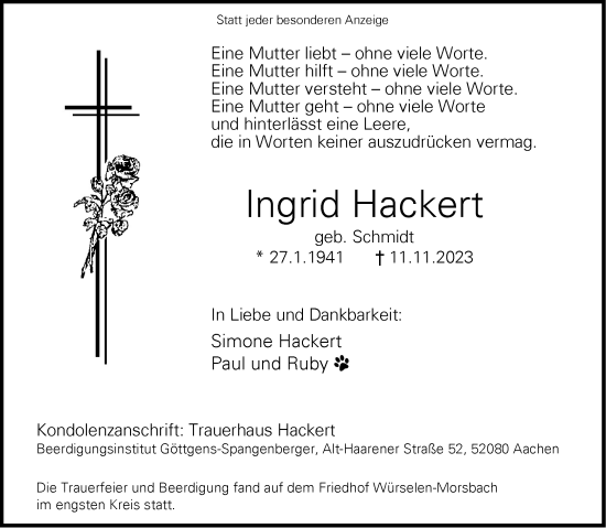 Traueranzeige von Ingrid Hackert von Aachener Zeitung