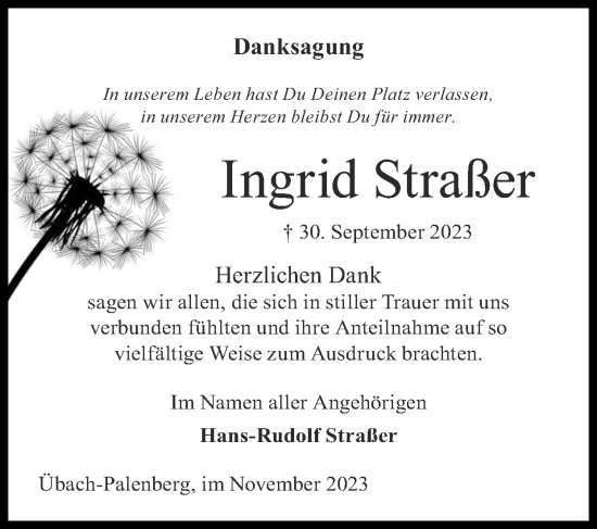 Traueranzeige von Ingrid Straßer von Zeitung am Sonntag