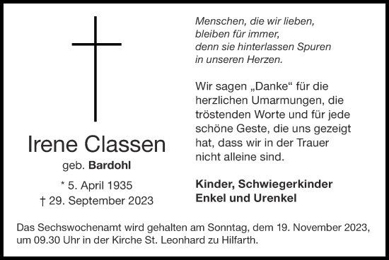 Traueranzeige von Irene Classen von Zeitung am Sonntag