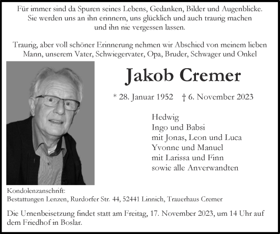 Traueranzeige von Jakob Cremer von Zeitung am Sonntag