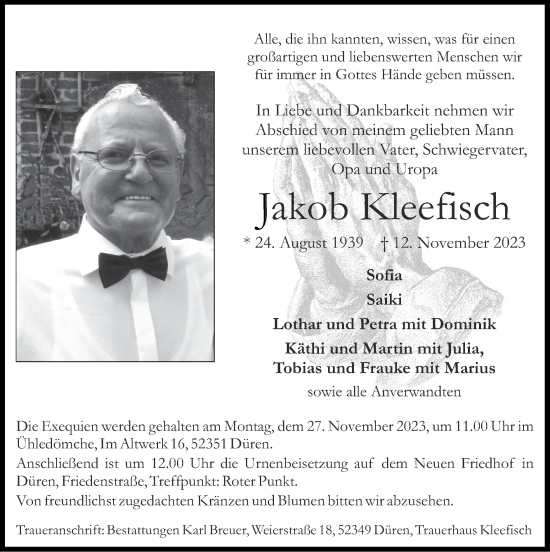 Traueranzeige von Jakob Kleefisch von Zeitung am Sonntag