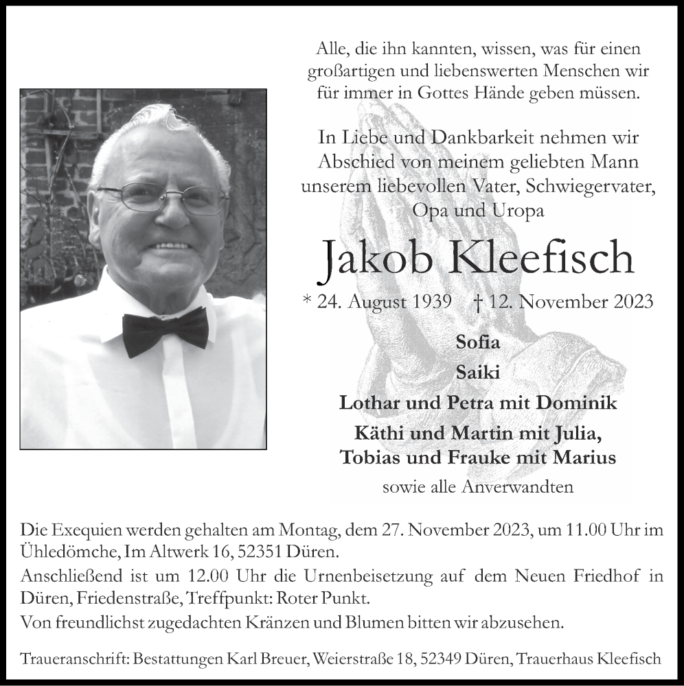  Traueranzeige für Jakob Kleefisch vom 19.11.2023 aus Zeitung am Sonntag