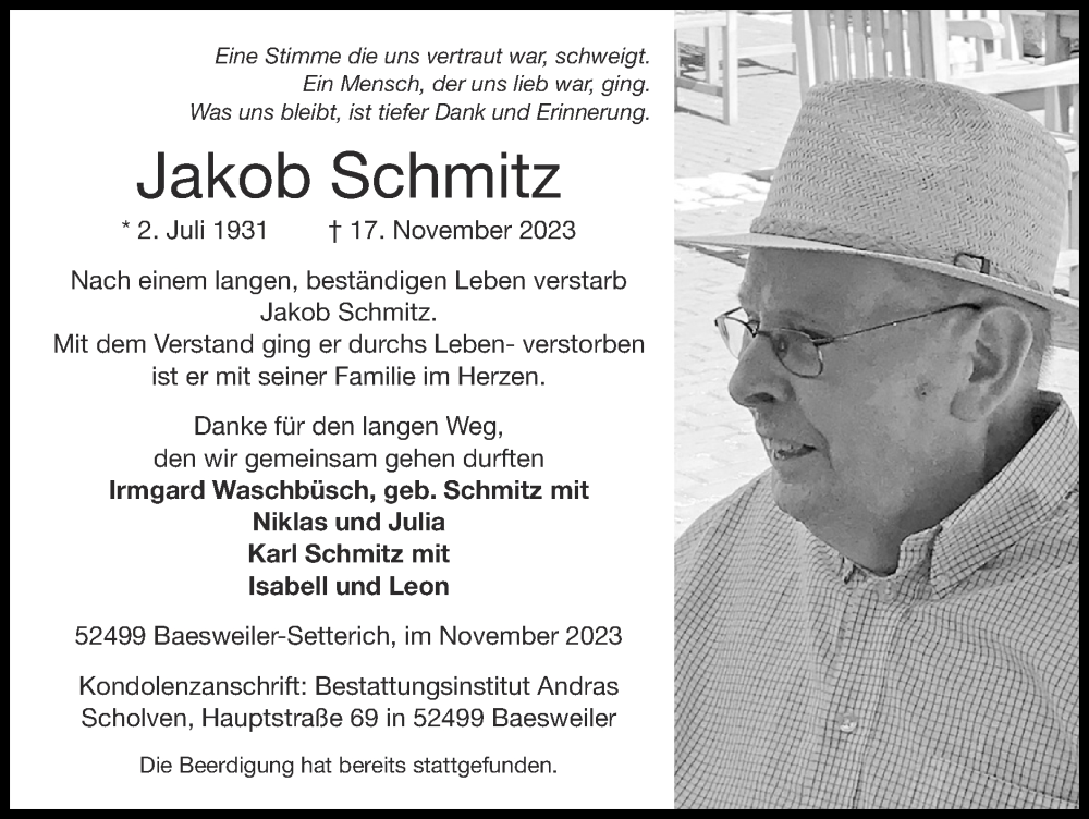  Traueranzeige für Jakob Schmitz vom 26.11.2023 aus Zeitung am Sonntag