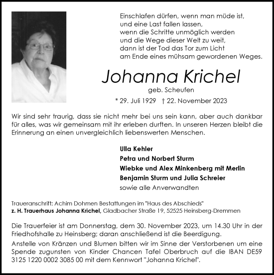 Traueranzeige von Johanna Krichel von Zeitung am Sonntag