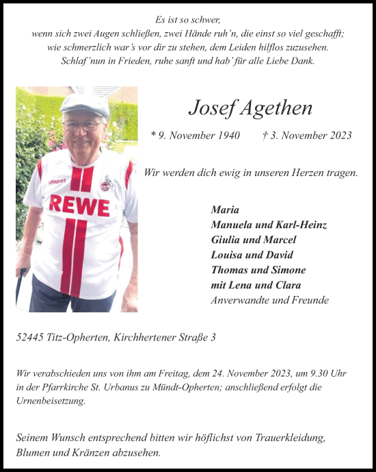 Traueranzeige von Josef Agethen von Zeitung am Sonntag