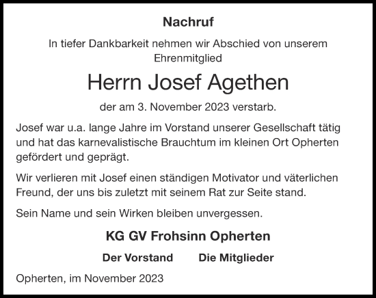 Traueranzeige von Josef Agethen von Zeitung am Sonntag