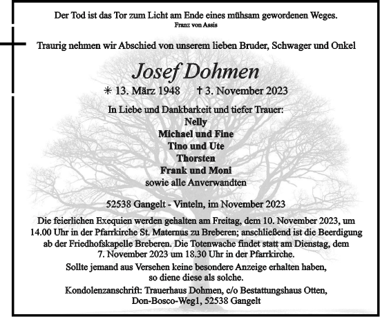 Traueranzeige von Josef Dohmen von Zeitung am Sonntag