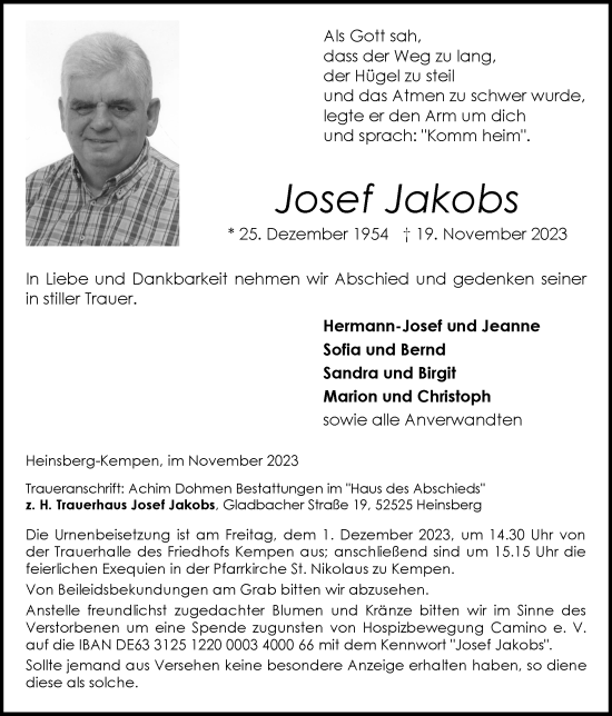Traueranzeige von Josef Jakobs von Zeitung am Sonntag