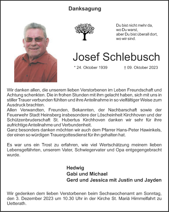 Traueranzeige von Josef Schlebusch von Zeitung am Sonntag