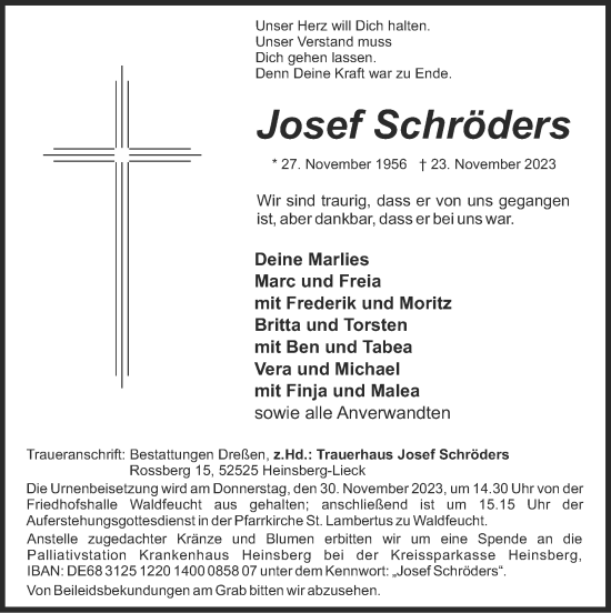 Traueranzeige von Josef Schröders von Zeitung am Sonntag