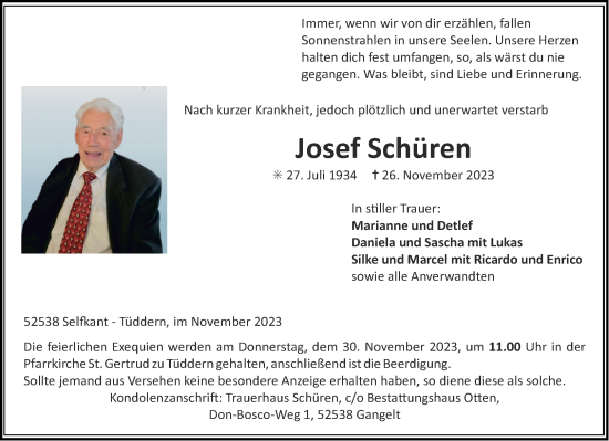Traueranzeige von Josef Schüren von Aachener Zeitung
