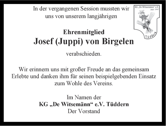 Traueranzeige von Josef von Birgelen von Zeitung am Sonntag
