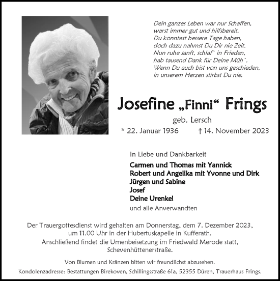 Traueranzeige von Josefine Frings von Zeitung am Sonntag