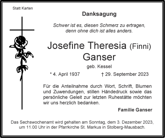 Traueranzeige von Josefine Theresia Ganser von Zeitung am Sonntag