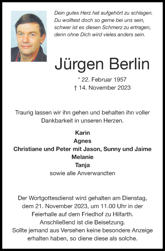 Traueranzeige von Jürgen Berlin von Zeitung am Sonntag