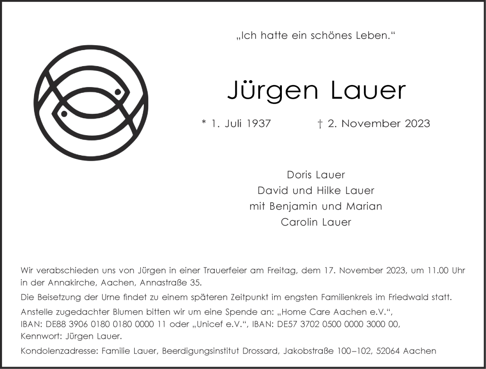  Traueranzeige für Jürgen Lauer vom 11.11.2023 aus Aachener Zeitung