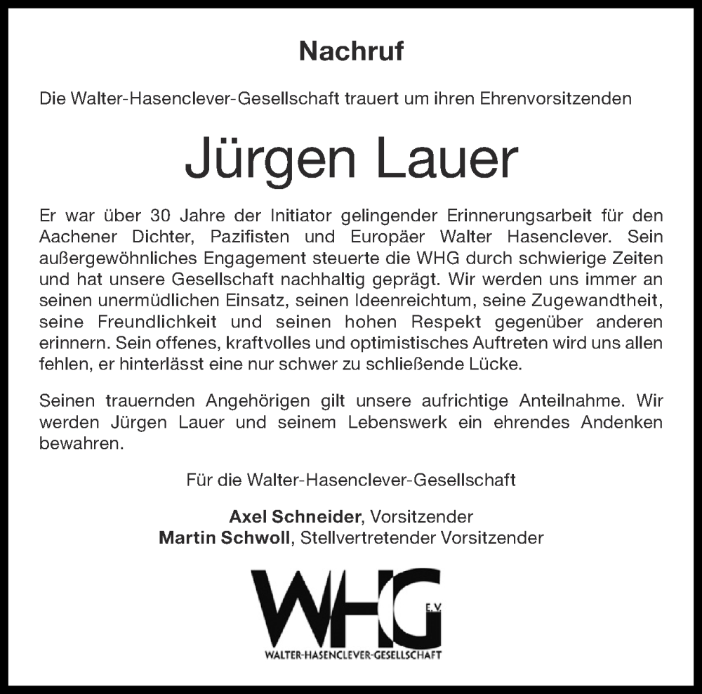  Traueranzeige für Jürgen Lauer vom 11.11.2023 aus Aachener Zeitung