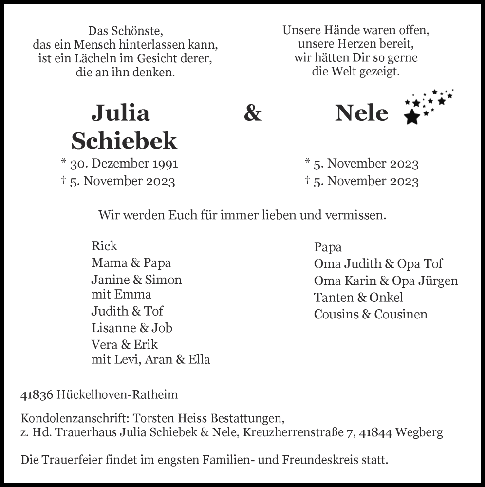  Traueranzeige für Julia Schiebek vom 26.11.2023 aus Zeitung am Sonntag