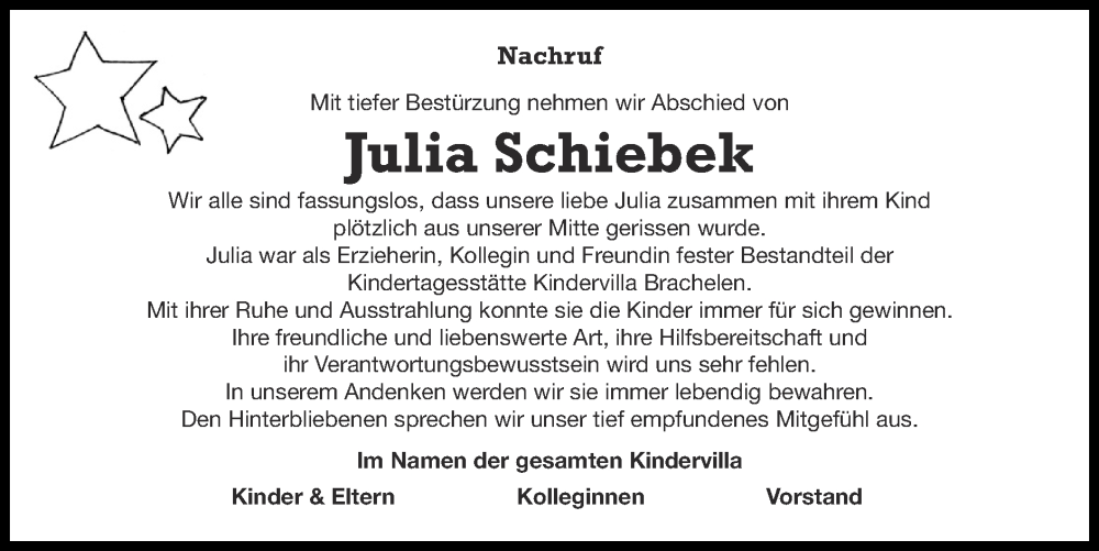  Traueranzeige für Julia Schiebek vom 26.11.2023 aus Zeitung am Sonntag