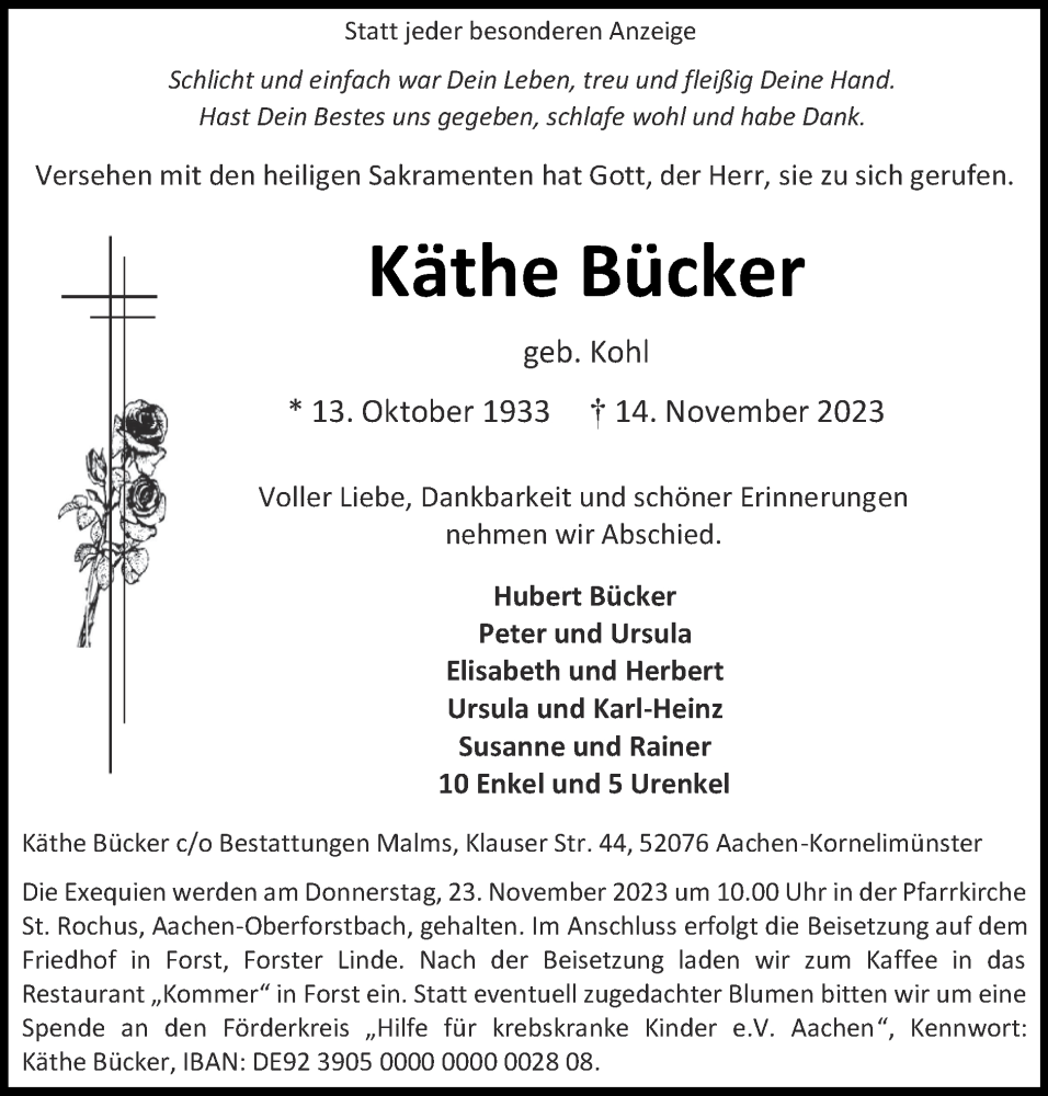  Traueranzeige für Käthe Bücker vom 19.11.2023 aus Zeitung am Sonntag