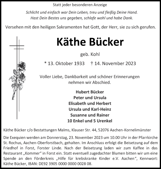 Traueranzeige von Käthe Bücker von Zeitung am Sonntag