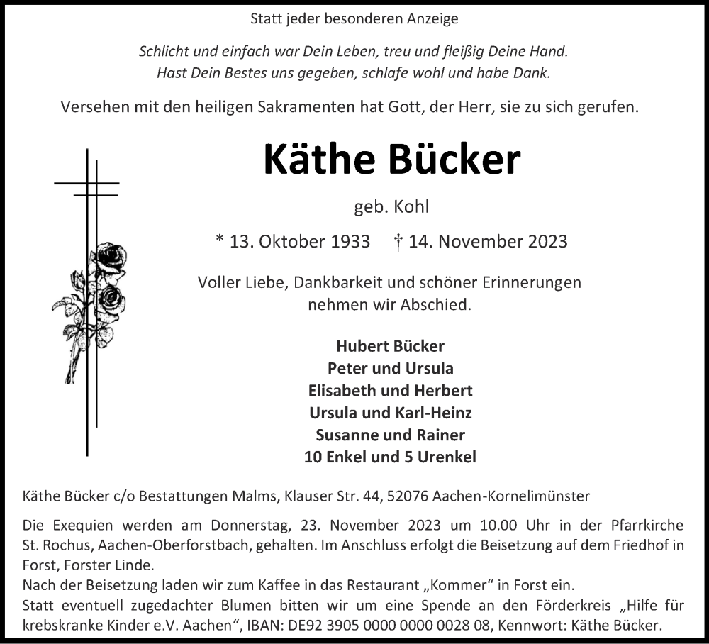  Traueranzeige für Käthe Bücker vom 18.11.2023 aus Aachener Zeitung