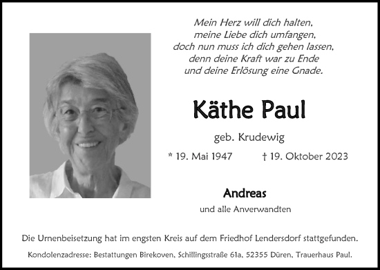 Traueranzeige von Käthe Paul von Zeitung am Sonntag