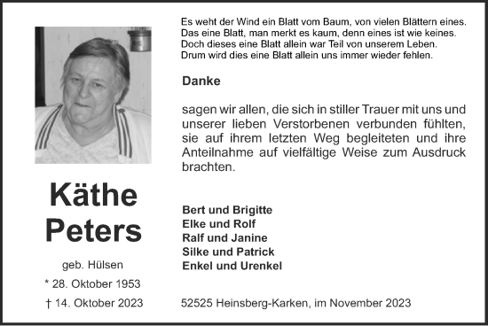 Traueranzeige von Käthe Peters von Zeitung am Sonntag