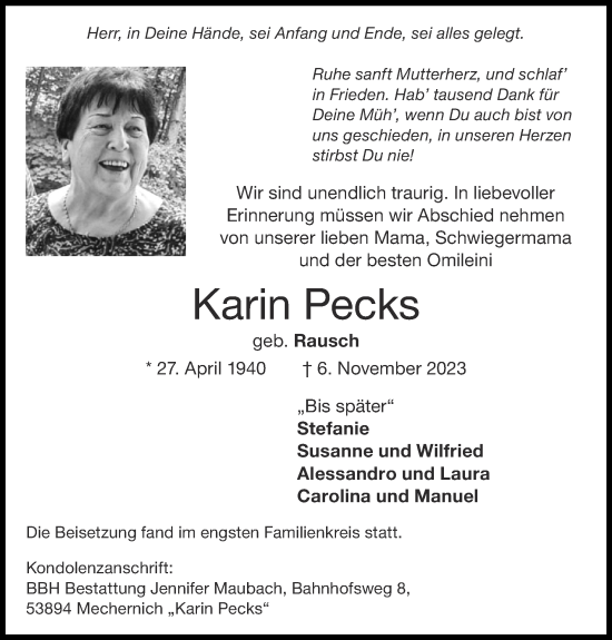 Traueranzeige von Karin Pecks von Zeitung am Sonntag