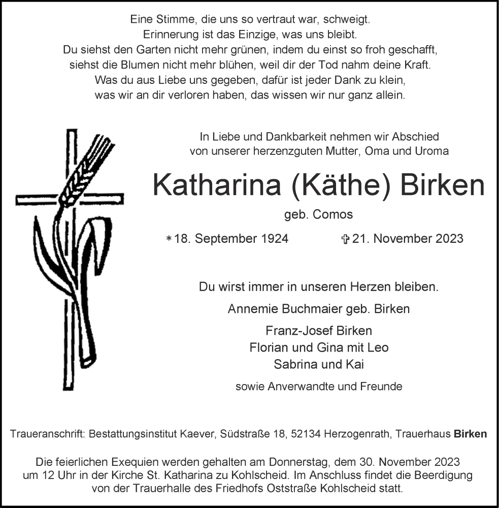  Traueranzeige für Katharina Birken vom 25.11.2023 aus Aachener Zeitung