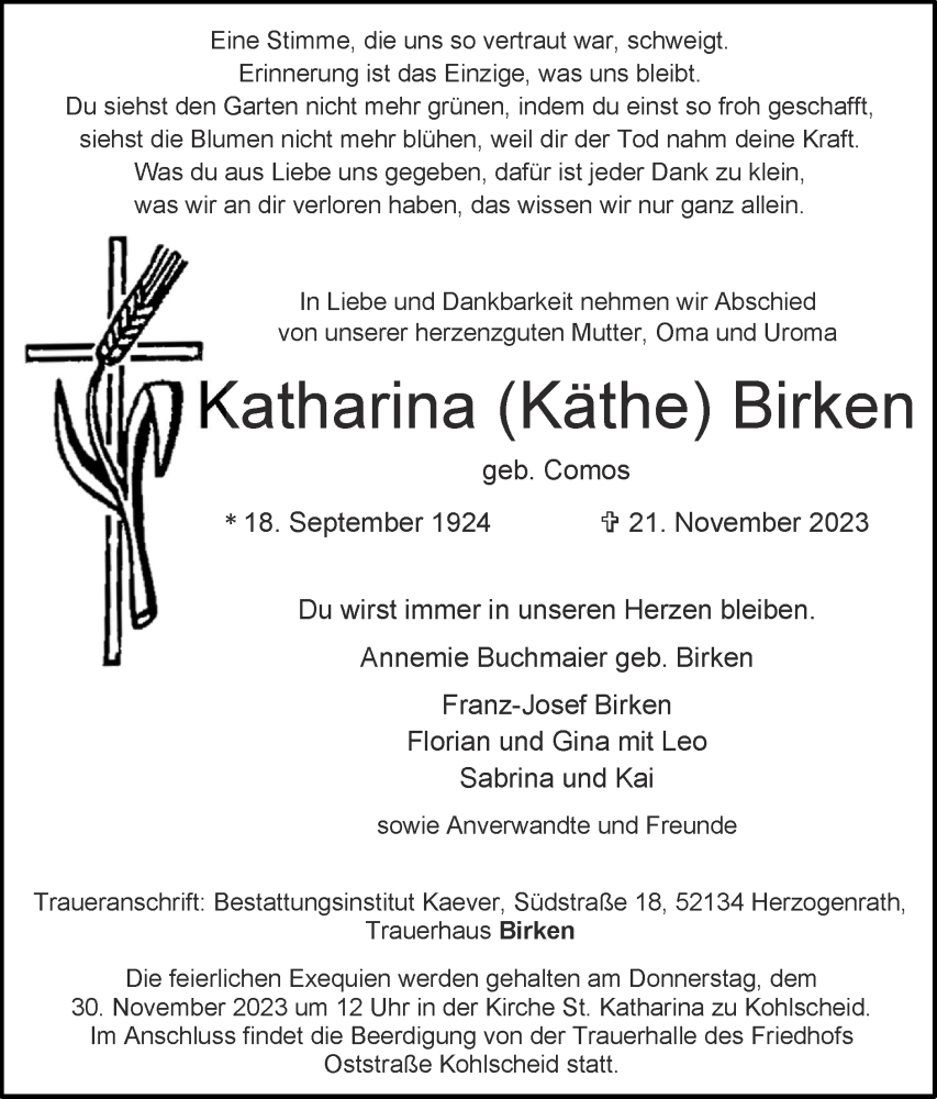  Traueranzeige für Katharina Birken vom 26.11.2023 aus Zeitung am Sonntag
