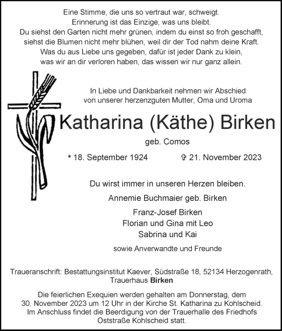 Traueranzeige von Katharina Birken von Zeitung am Sonntag